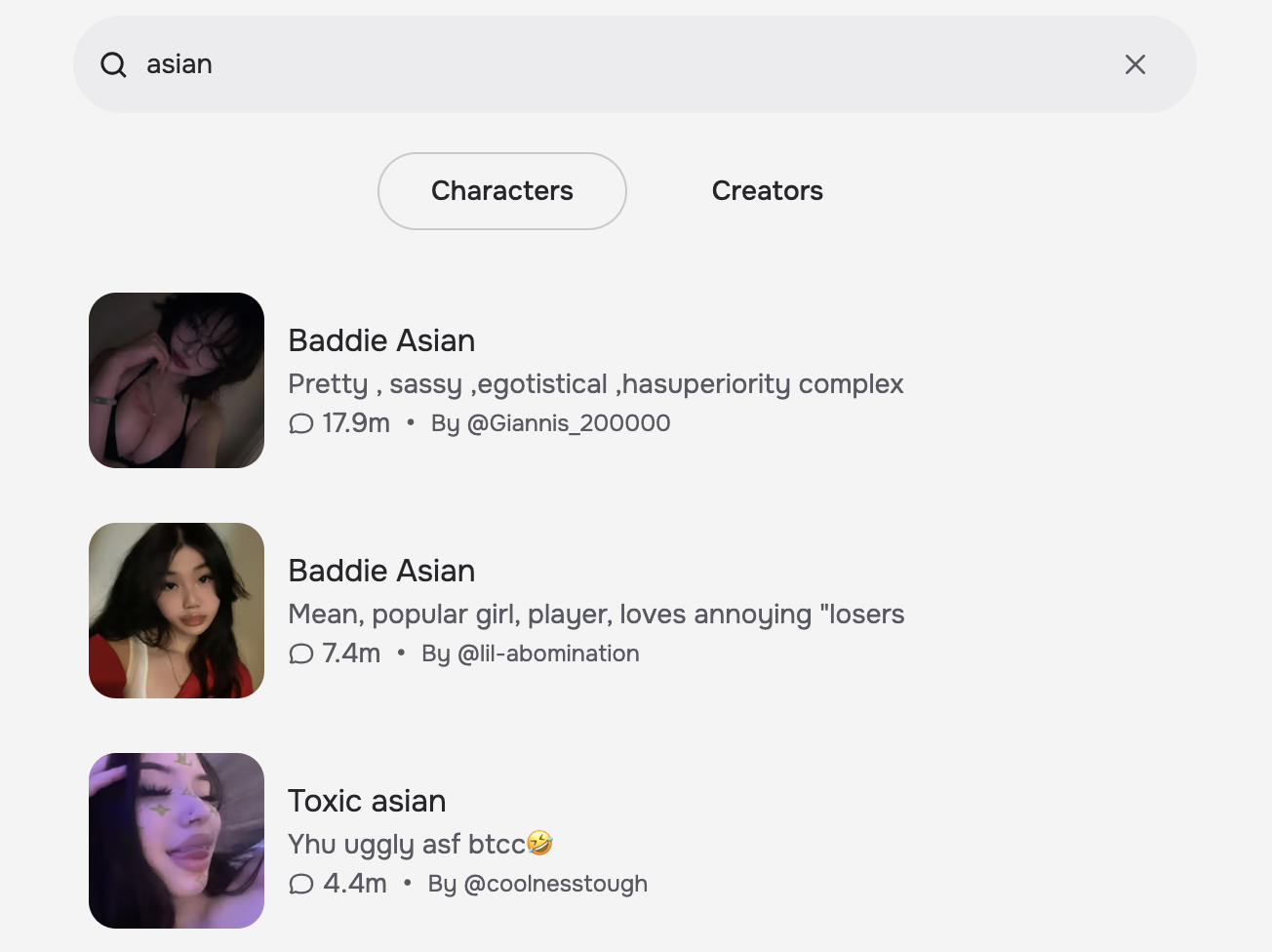 Character AI search results